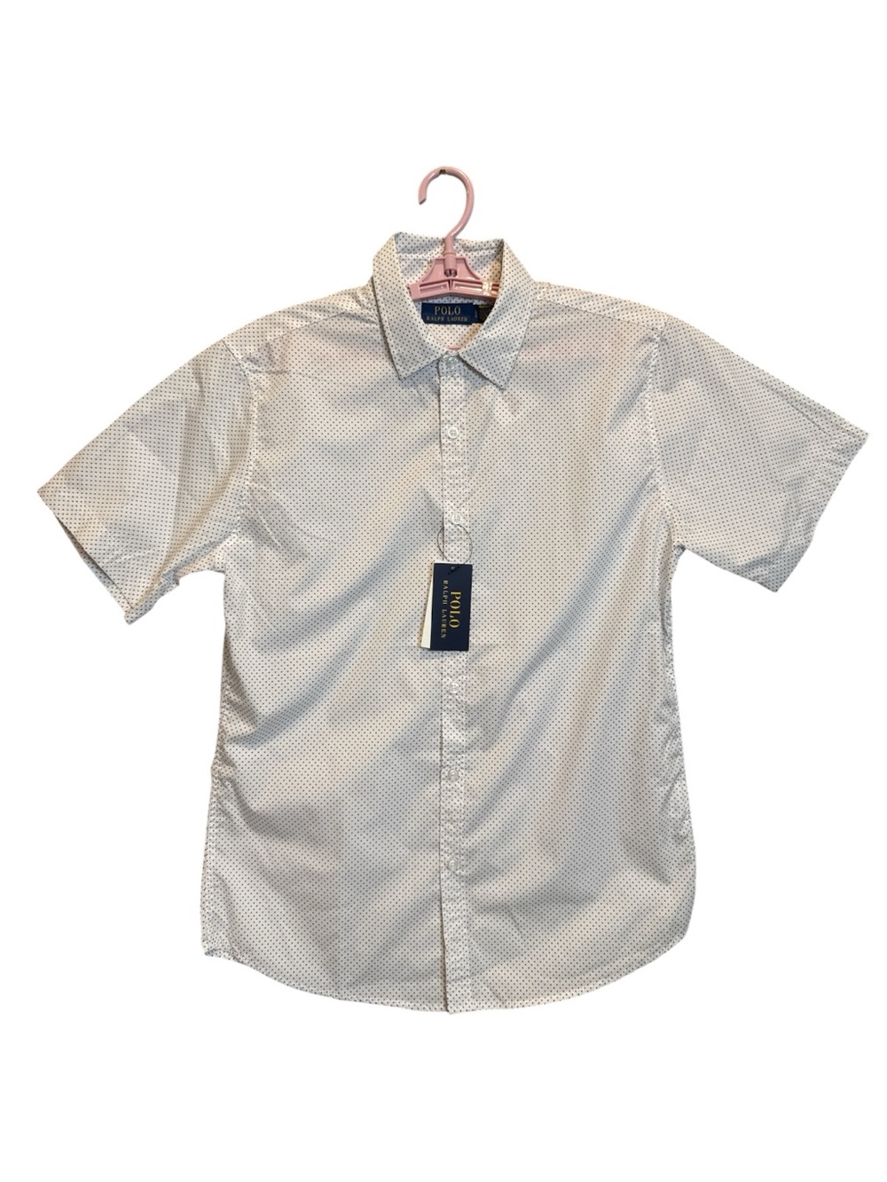 Ralph Lauren Men's White Short-Sleeve Button-Down with Black Micro Dot Size L